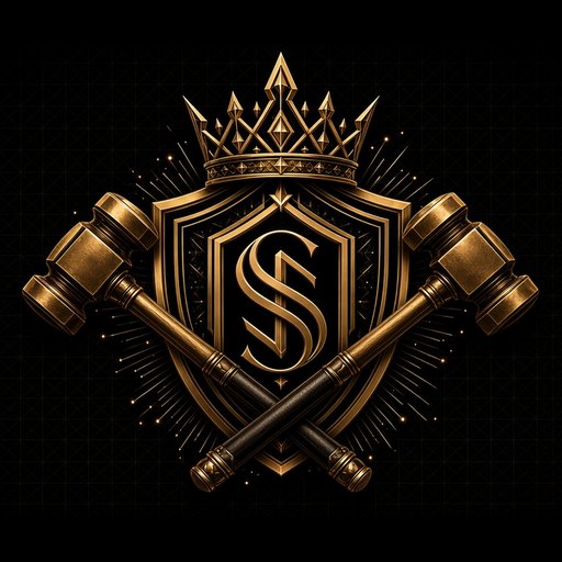 Custom Discord Bots by Sean 2.0 emblem: a gold shield with an S monogram, a crown and crossed gavels